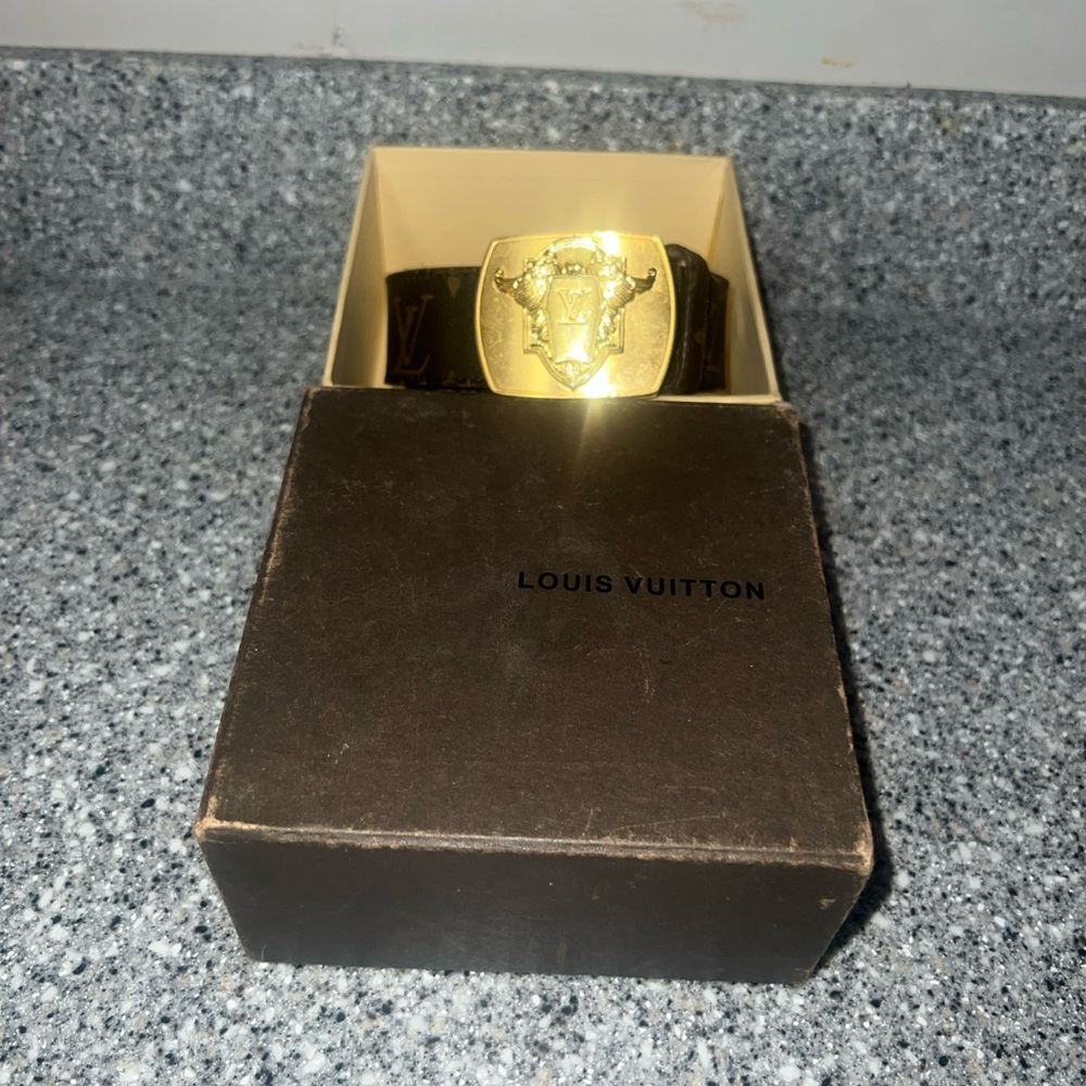 Vintage Louis Vuitton Brown And Black Monogram Belt With Signature Gold Buckle